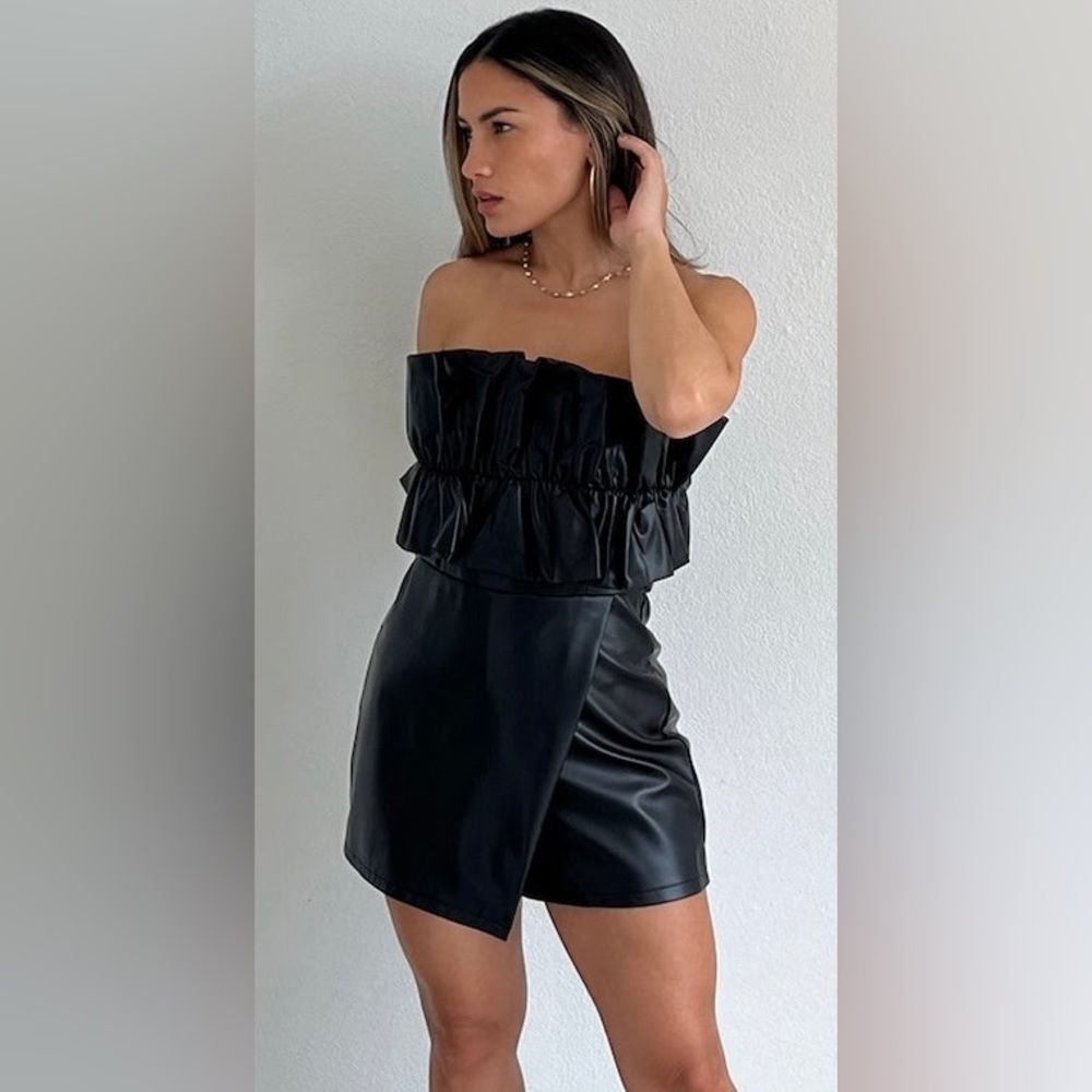 Strapless Black Faux Leather Romper